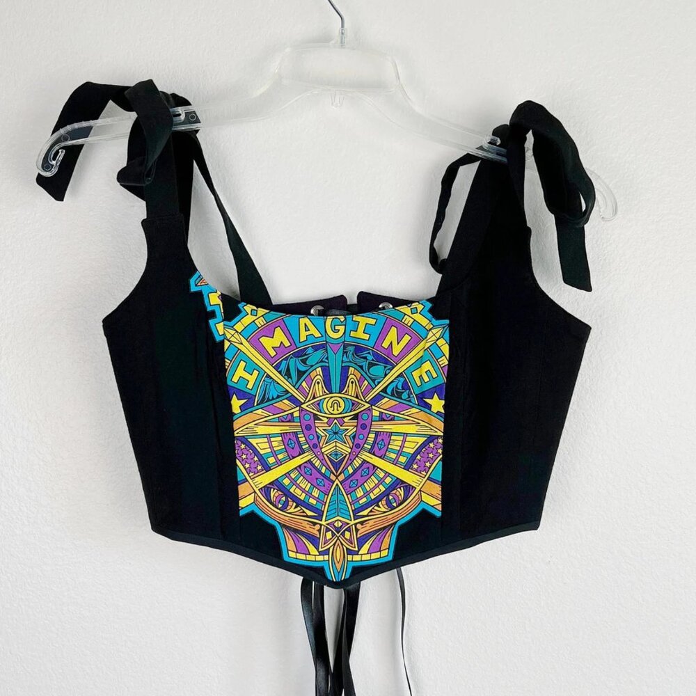 Handmade Black Corset Top with Vibrant “IMAGINE” Graphic – Festival & Y2K Style